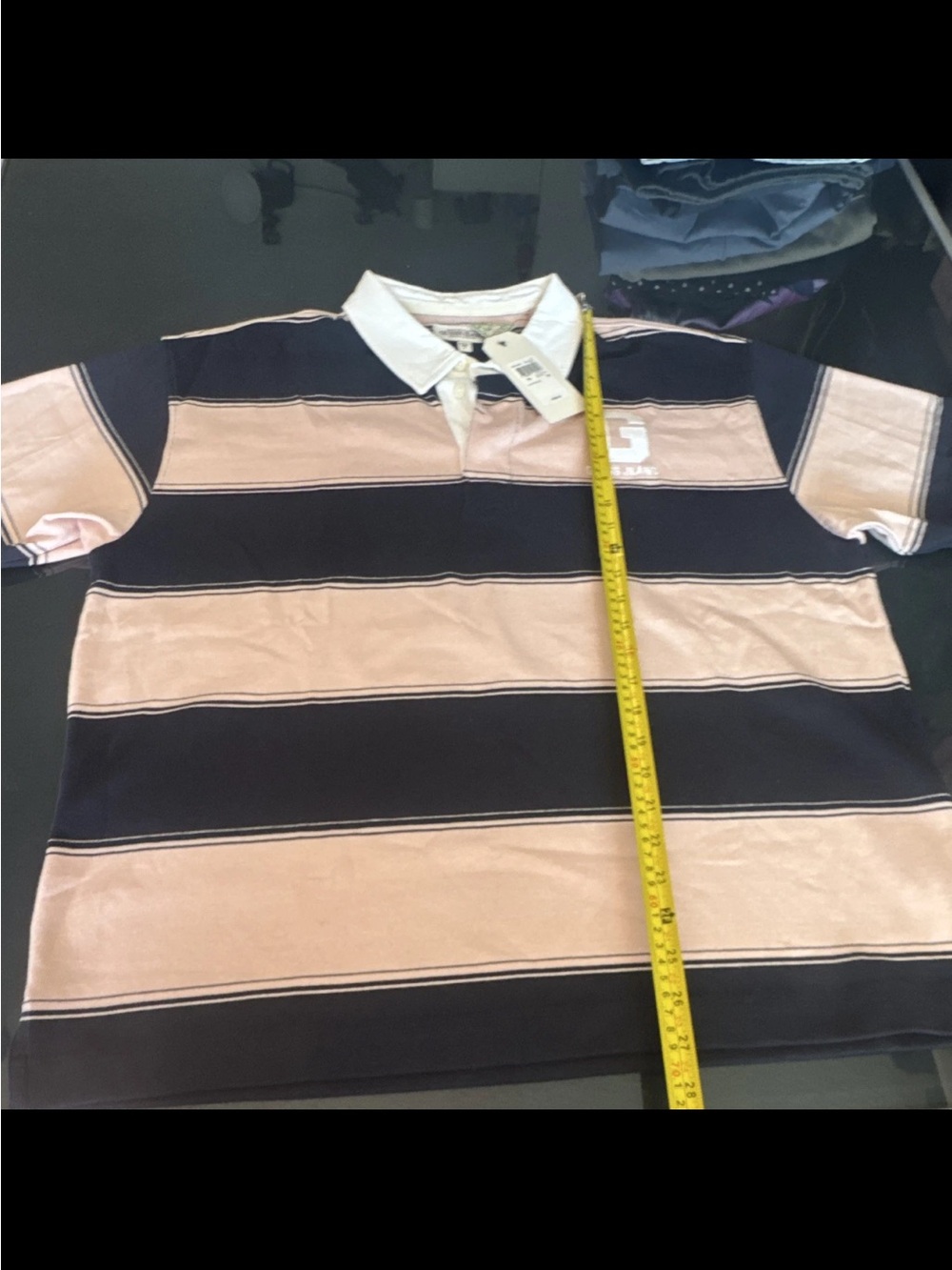 Guess Men’s Polo Shirt in Navy and Light Pink Stripes